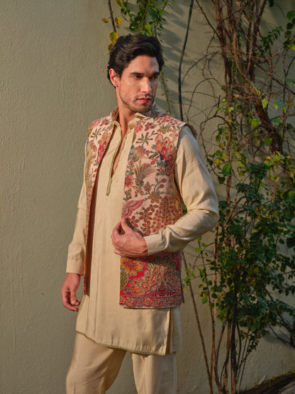 Offwhite Jacket-Kurta-Bottom Set with Dola Silk Position Print & Cording Embroidery