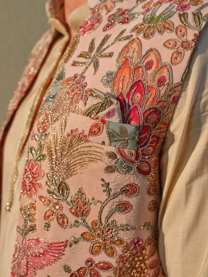 Offwhite Jacket-Kurta-Bottom Set with Dola Silk Position Print & Cording Embroidery