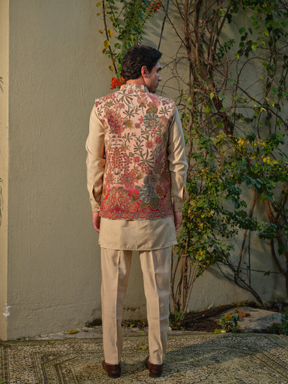 Offwhite Jacket-Kurta-Bottom Set with Dola Silk Position Print & Cording Embroidery