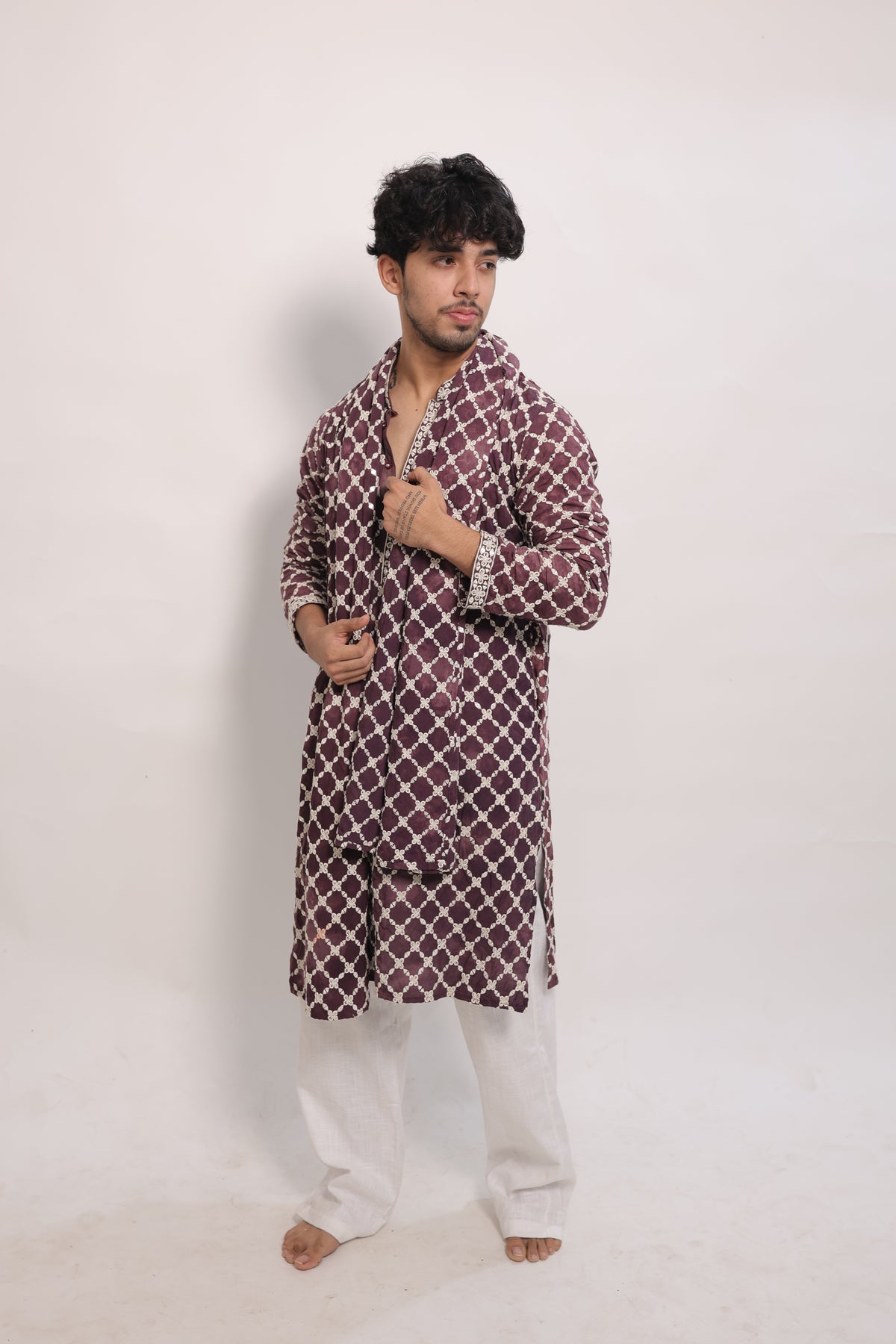Men's Lavender Tie-Dye Rayon Kurta Set with Sequins & Mirror Work Dupatta