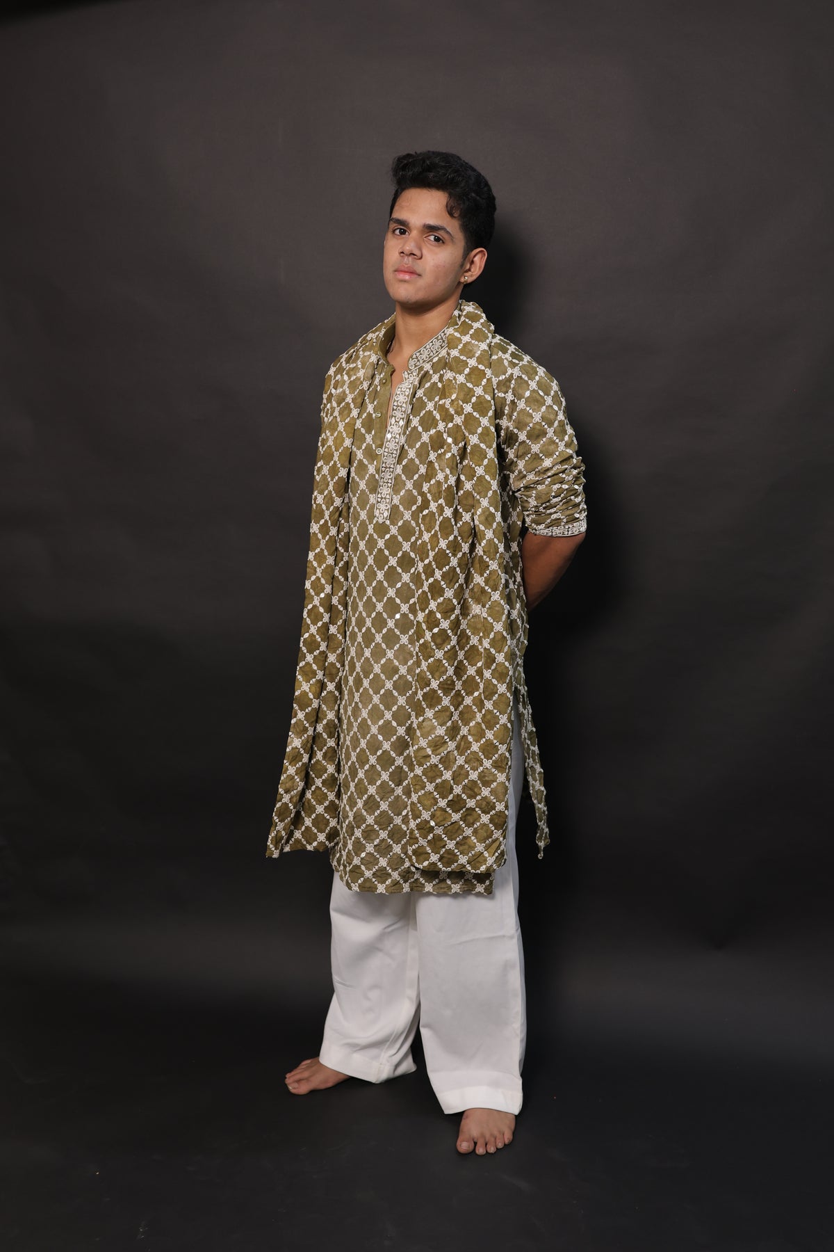Men's Olive Tie-Dye Rayon Kurta Set with Sequins & Mirror Work Dupatta