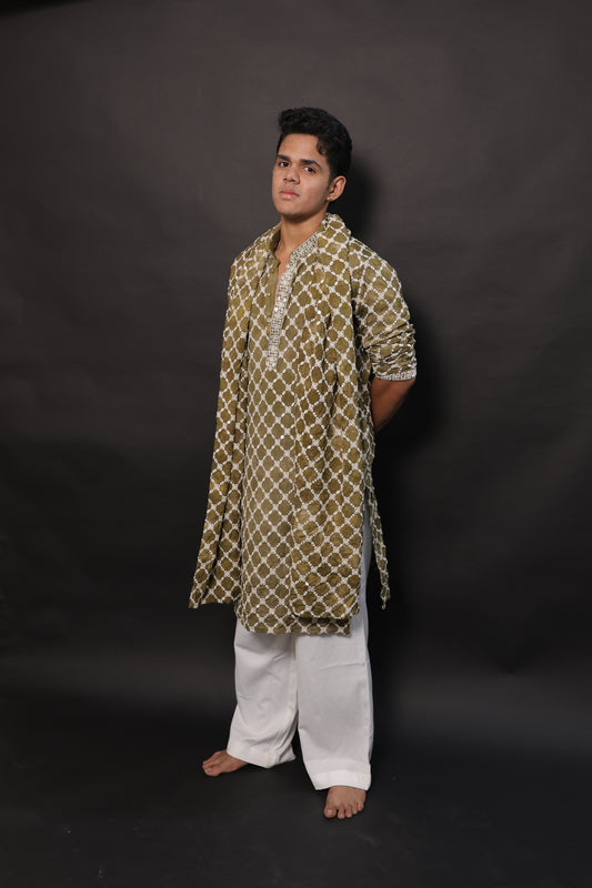 Men's Olive Tie-Dye Rayon Kurta Set with Sequins & Mirror Work Dupatta
