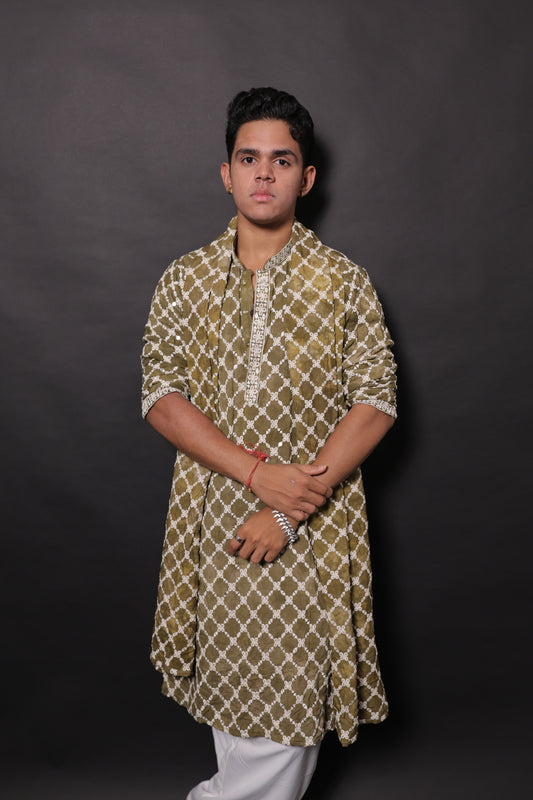 Men's Olive Tie-Dye Rayon Kurta Set with Sequins & Mirror Work Dupatta