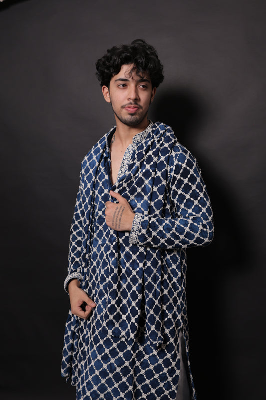 Men's Blue Tie-Dye Rayon Kurta Set with Sequins & Mirror Work Dupatta