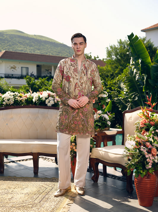 Beige with Olive Accents Natural Crepe Short Kurta Set with Position Print and Coding