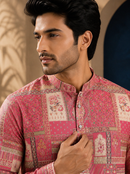 Pink Silk Straight Cut Long Kurta Set with Foil Work