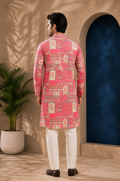 Pink Silk Straight Cut Long Kurta Set with Foil Work
