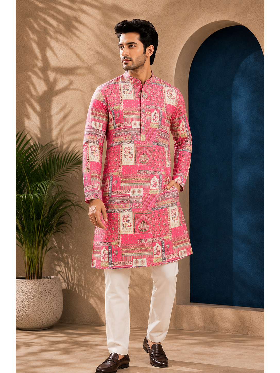 Pink Silk Straight Cut Long Kurta Set with Foil Work