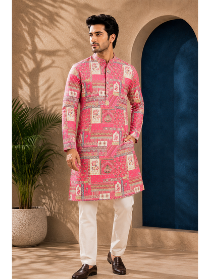 Pink Silk Straight Cut Long Kurta Set with Foil Work