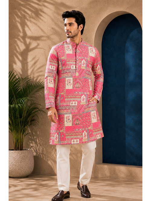 Pink Silk Straight Cut Long Kurta Set with Foil Work