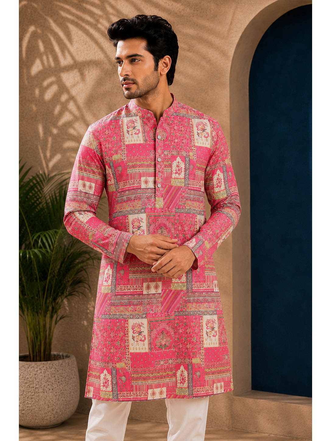 Pink Silk Straight Cut Long Kurta Set with Foil Work