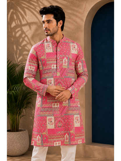 Pink Silk Straight Cut Long Kurta Set with Foil Work