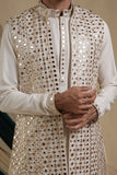 Off White Georgette With Sequins And Mirror Work Kurta Set With Jacket