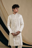 Off White Silk With Threadwork And Mirror Work v Neck Kurta Set