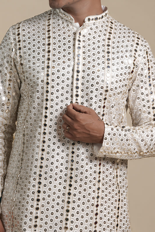 Off White Goergette With Heavy Sequin And Mirror Work Embroidery Kurta Set