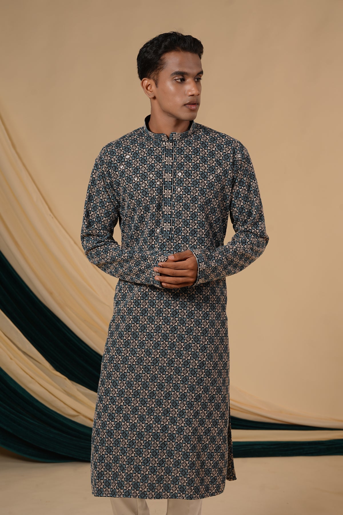 Grey Rayon Sequins With Multicolour Threadwork Embroidery Kurta Set