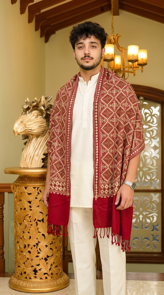 Red Pashmina Jacquard Dupatta with Embroidery