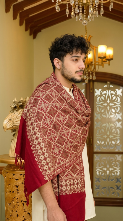 Red Pashmina Jacquard Dupatta with Embroidery