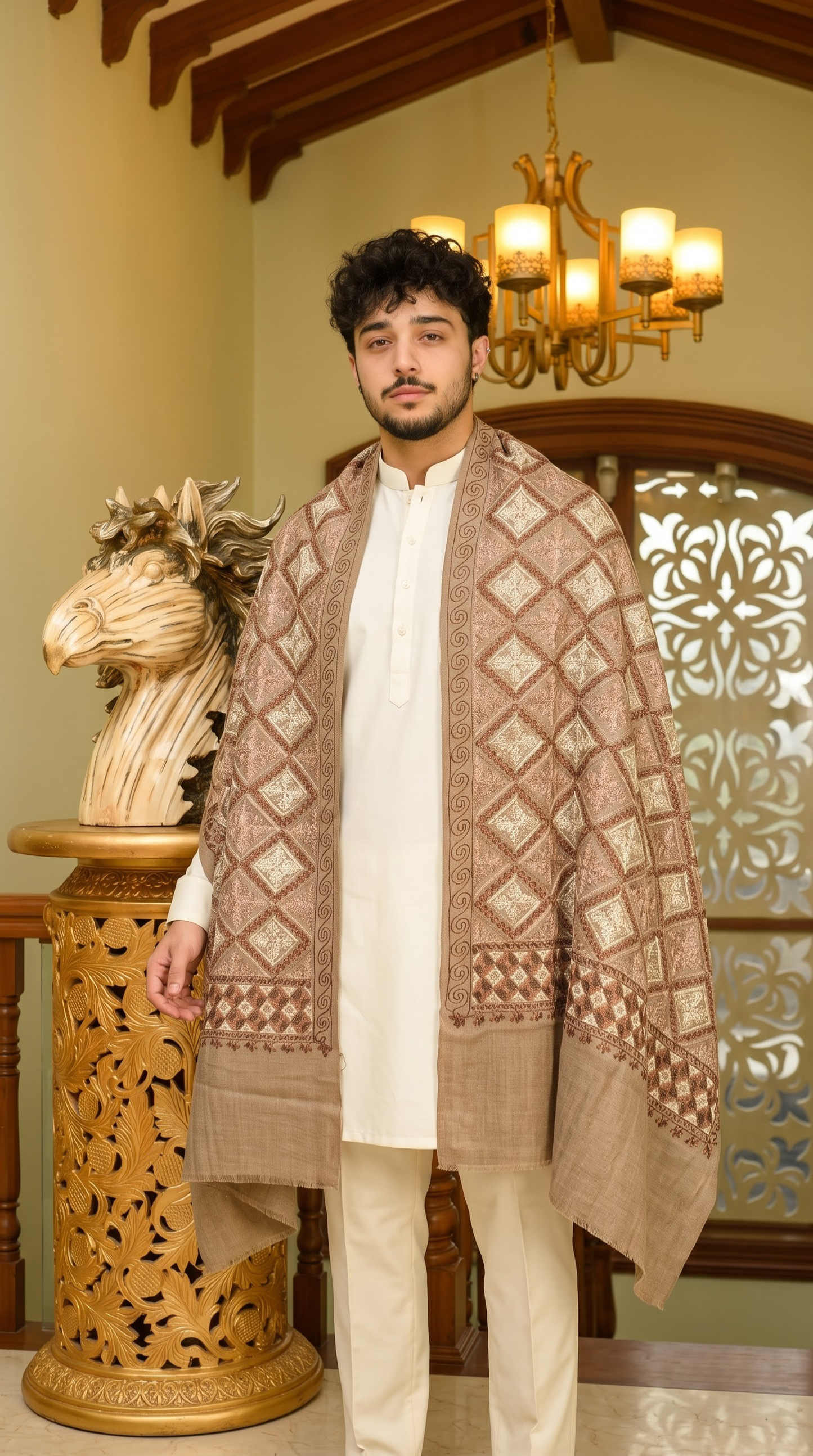 Brown Pashmina Jacquard Dupatta with Embroidery