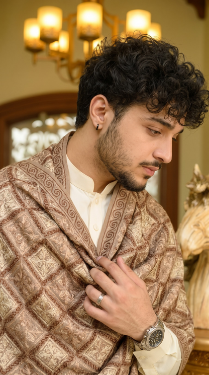 Brown Pashmina Jacquard Dupatta with Embroidery