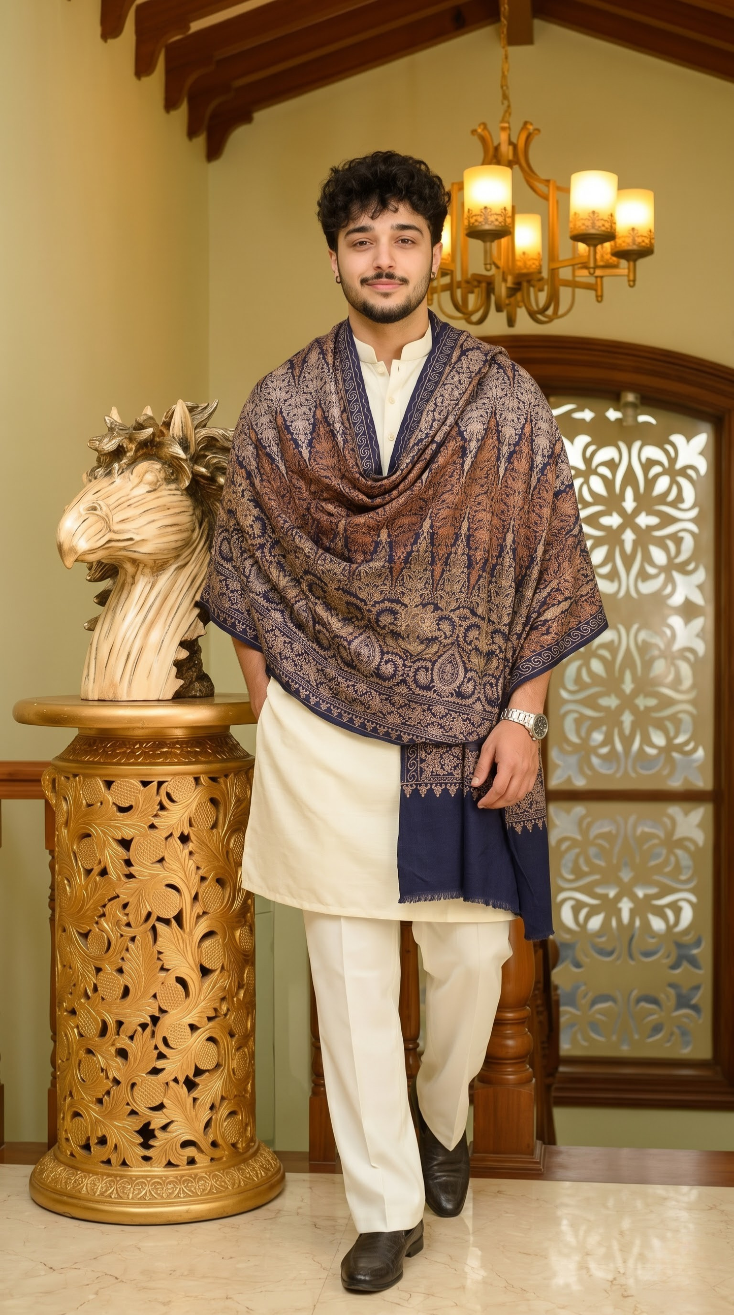 Blue Pashmina Jacquard Dupatta with Embroidery