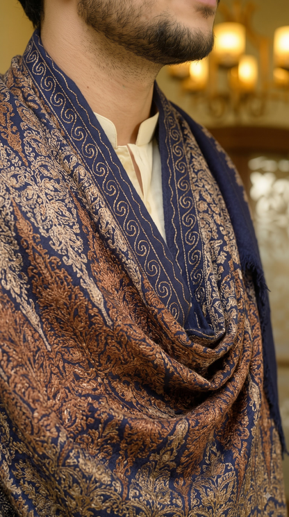 Blue Pashmina Jacquard Dupatta with Embroidery