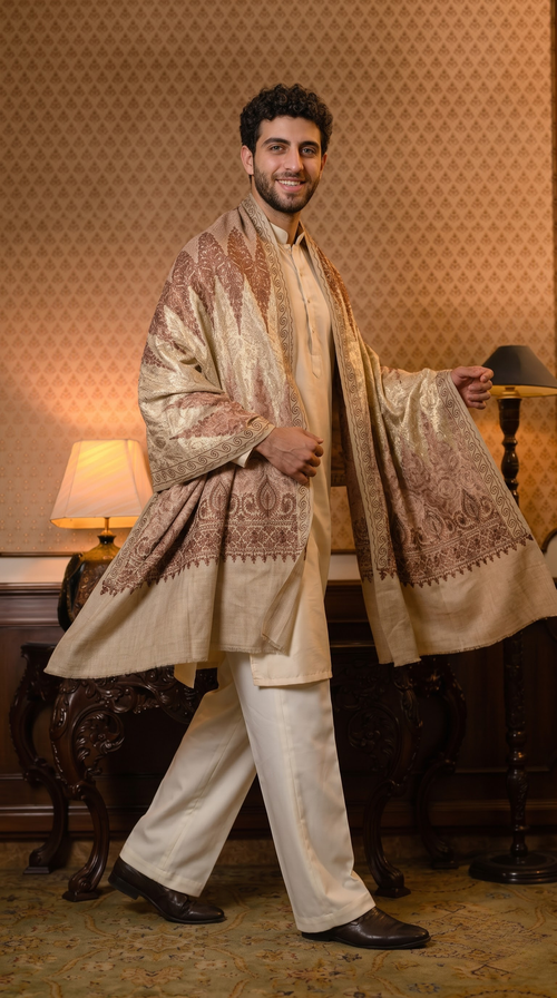 Cream Pashmina Jacquard Dupatta with Embroidery