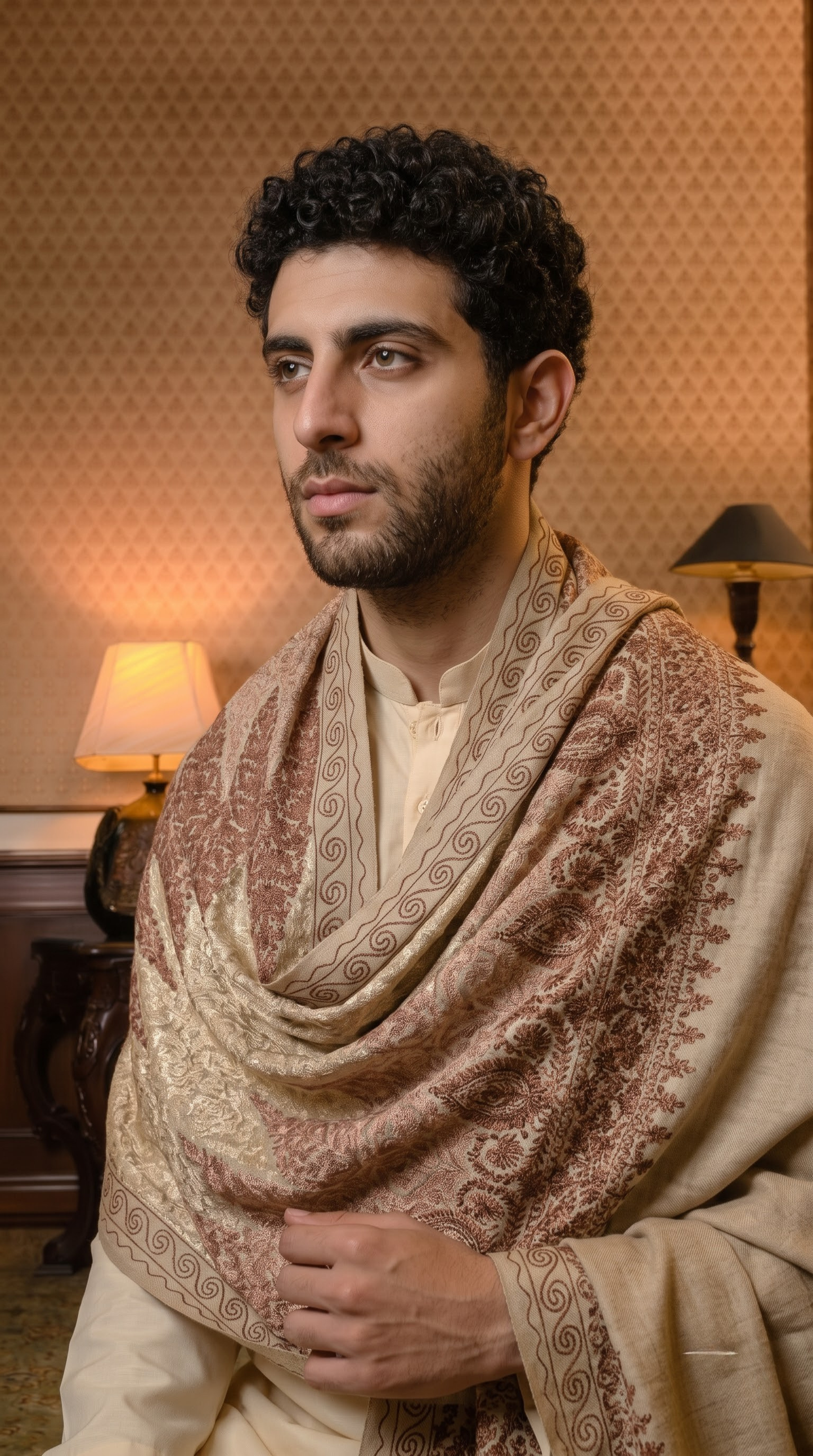 Cream Pashmina Jacquard Dupatta with Embroidery