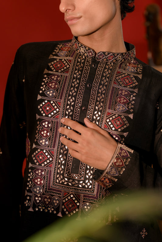 Black Slub Silk Threadwork Kurta Set