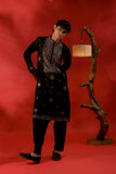 Black Slub Silk Threadwork Kurta Set