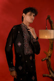 Black Slub Silk Threadwork Kurta Set