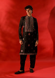 Black Slub Silk Threadwork Kurta Set