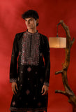 Black Slub Silk Threadwork Kurta Set