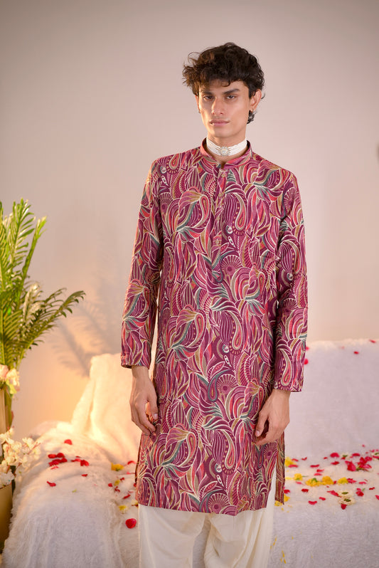 Wine Cotton Kurta Set