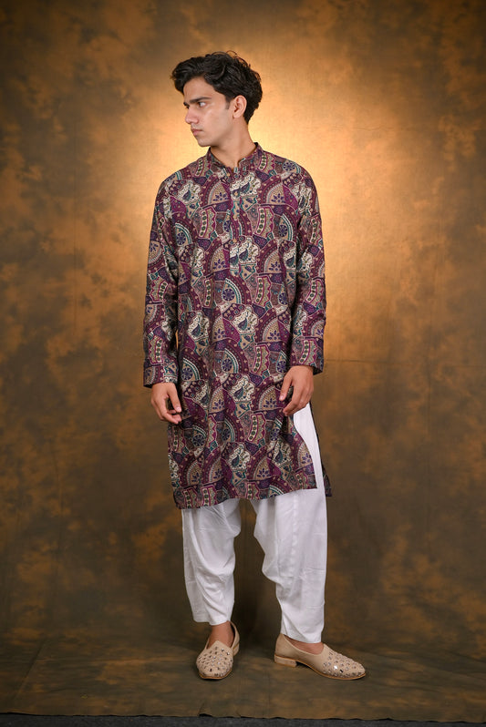 Wine Cotton Kurta Set