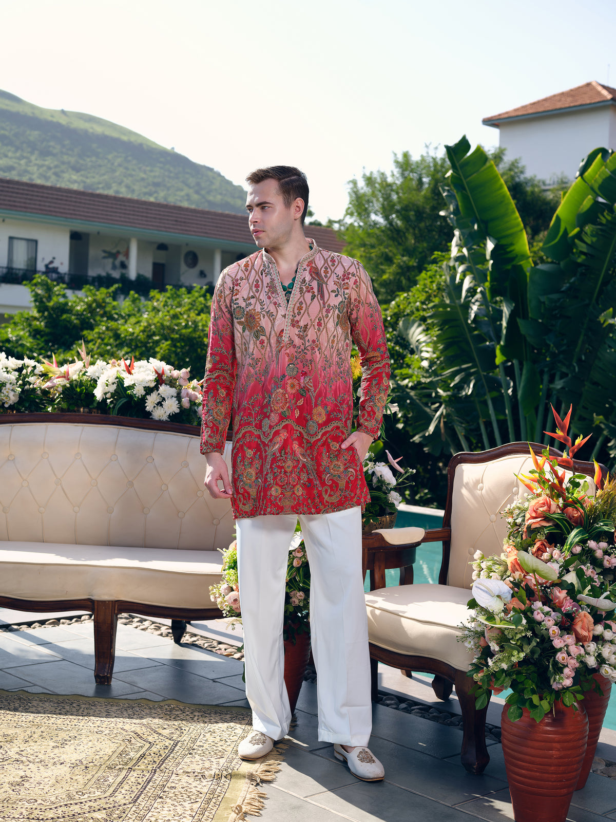 Raspberry Natural Crepe Short Kurta Set with Position Print and Coding