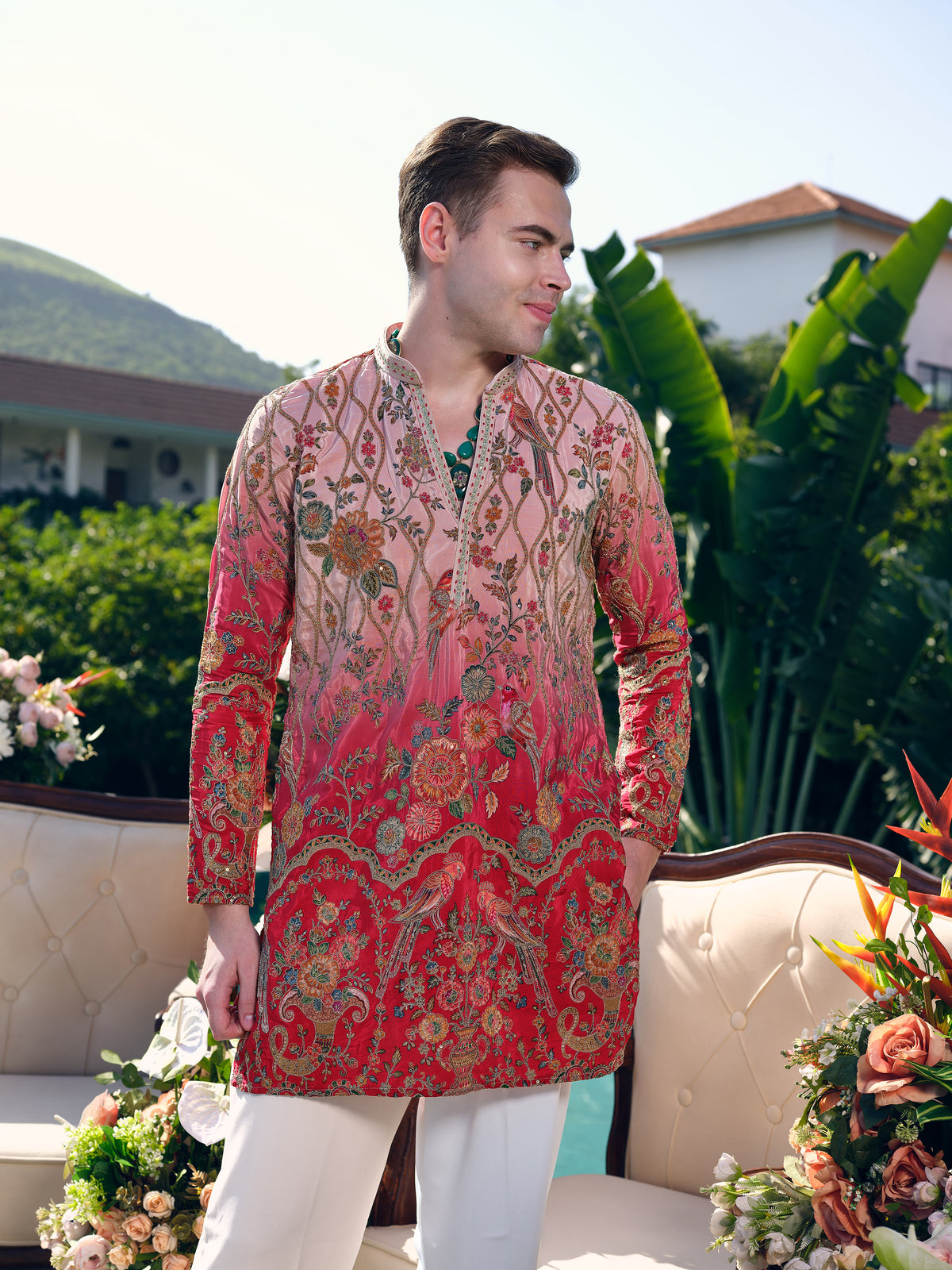 Raspberry Natural Crepe Short Kurta Set with Position Print and Coding