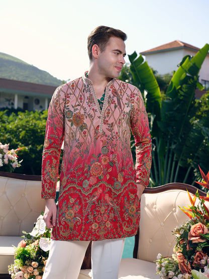 Raspberry Natural Crepe Short Kurta Set with Position Print and Coding