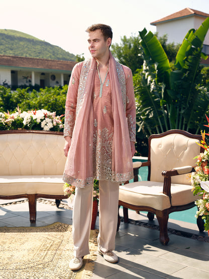 Peach Crushed Tissue Kurta with Dupatta Set with Zari Embroidery, Mirror and Cut Work