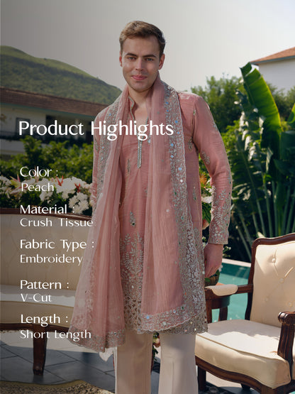 Peach Crushed Tissue Kurta with Dupatta Set with Zari Embroidery, Mirror and Cut Work