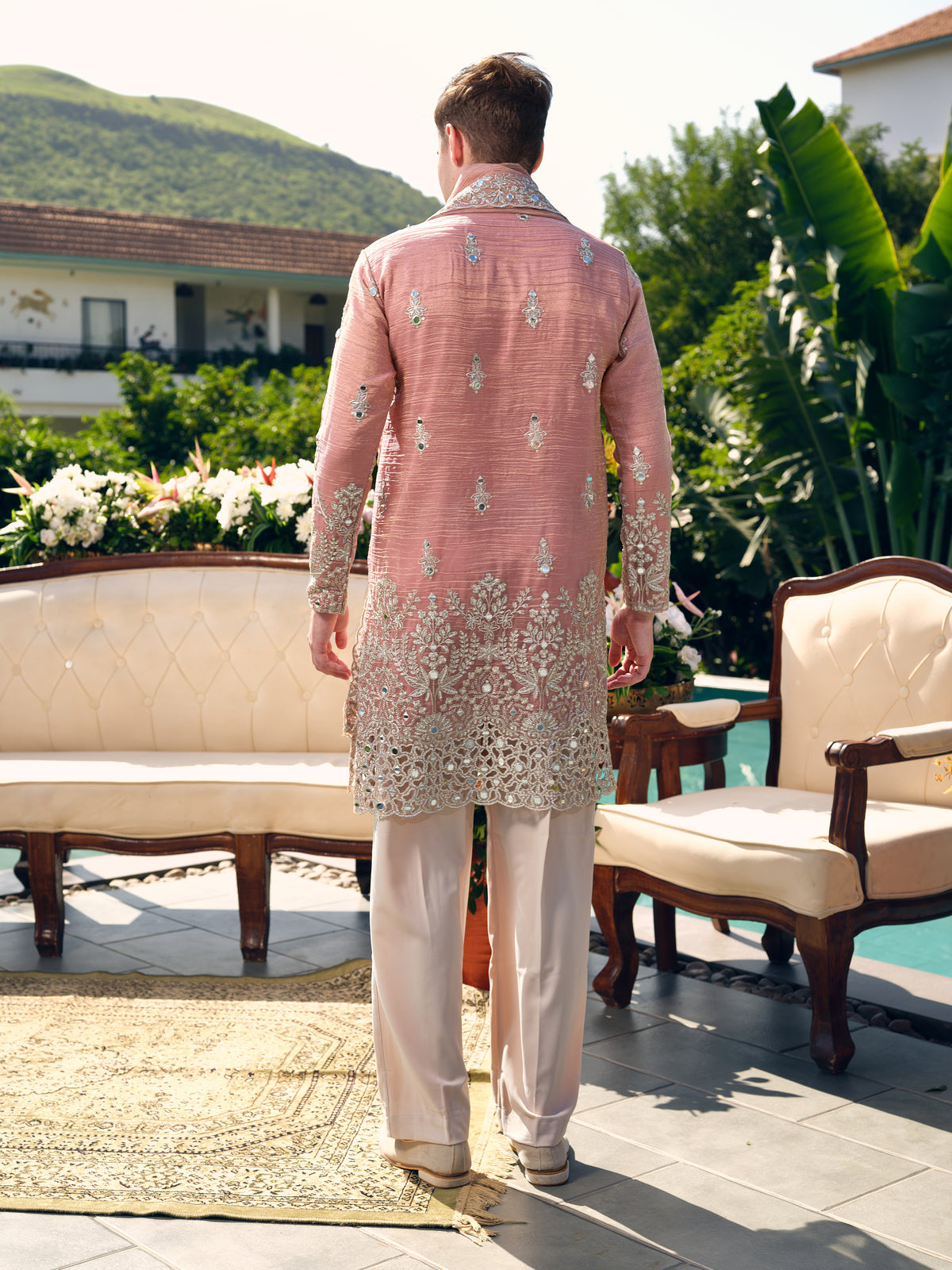 Peach Crushed Tissue Kurta with Dupatta Set with Zari Embroidery, Mirror and Cut Work