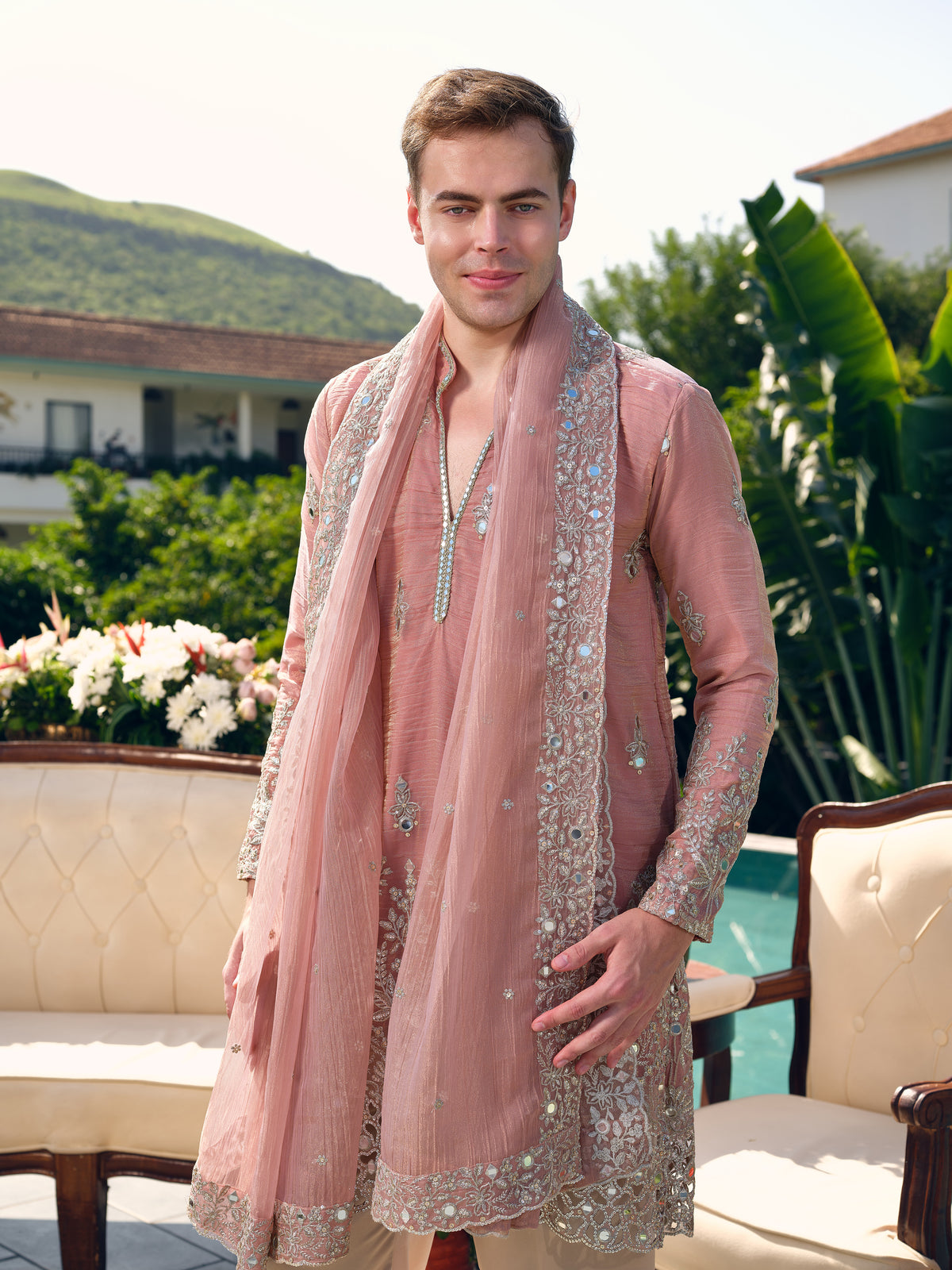 Peach Crushed Tissue Kurta with Dupatta Set with Zari Embroidery, Mirror and Cut Work