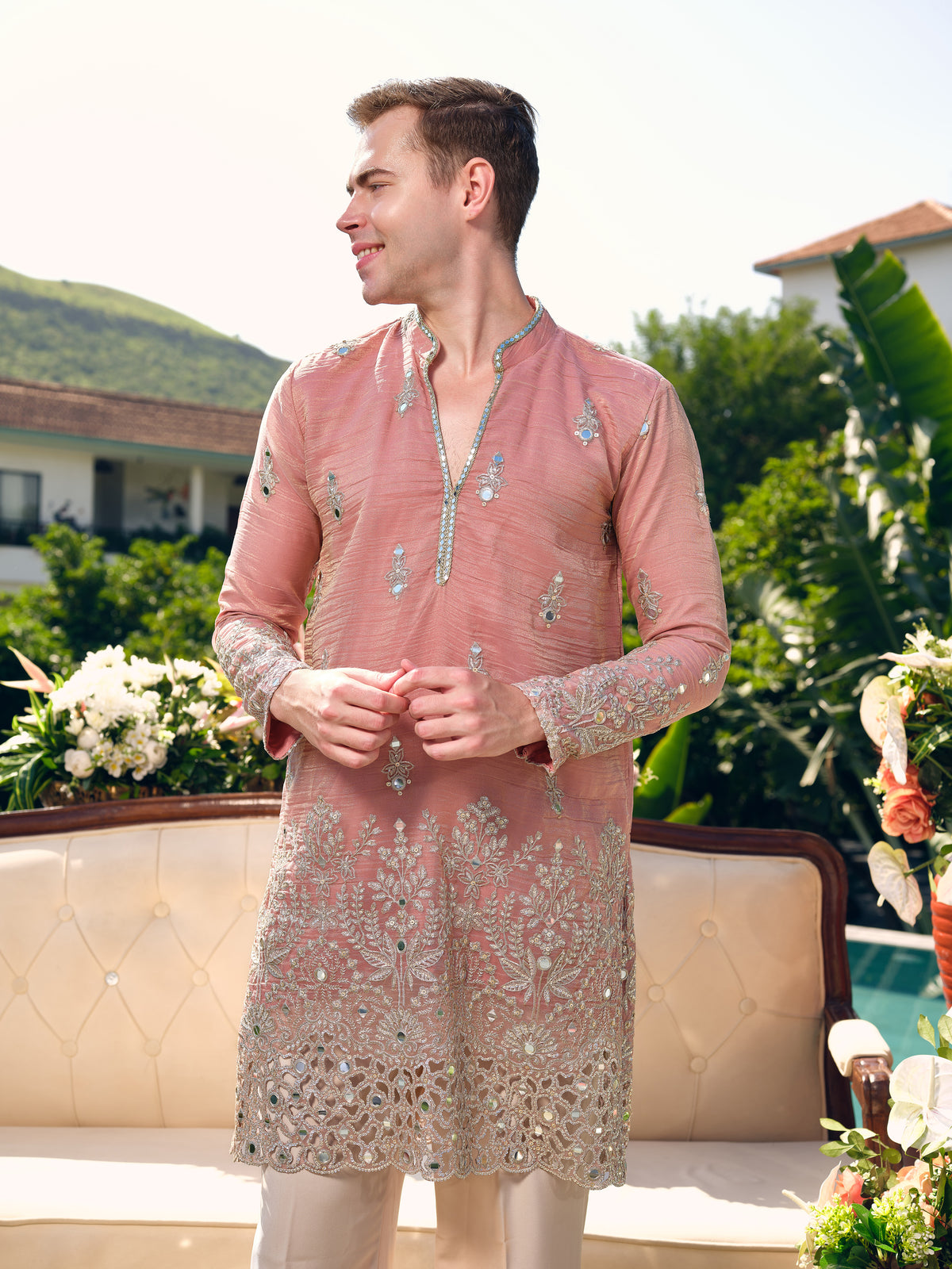 Peach Crushed Tissue Kurta with Dupatta Set with Zari Embroidery, Mirror and Cut Work