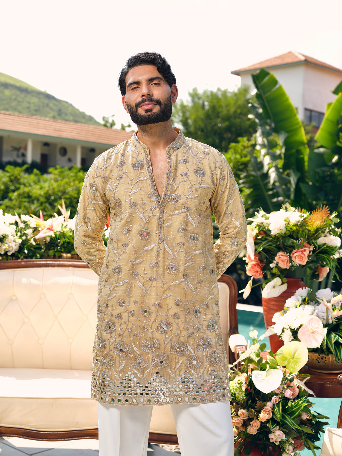 Beige Crush Tissue Short Kurta Set with Jari Embroidery, Mirror and Cut Work
