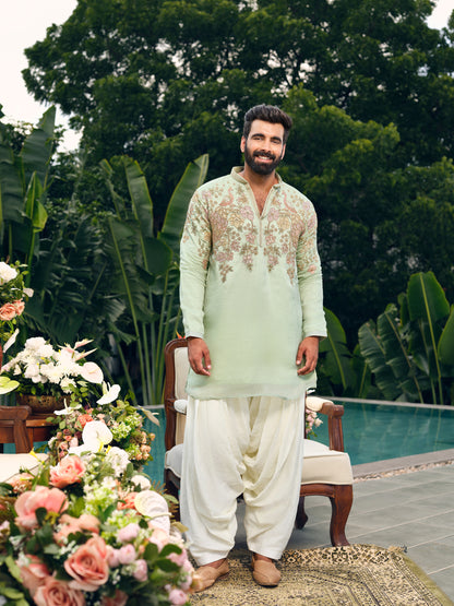 Mint Poly Georgette Short Kurta Set with Bead Work