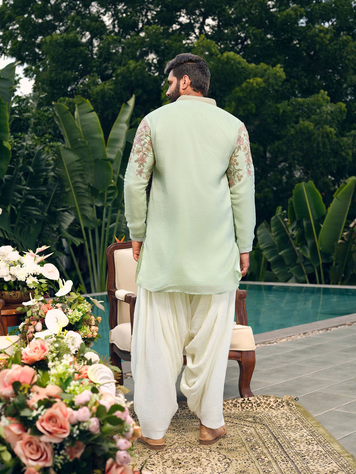 Mint Poly Georgette Short Kurta Set with Bead Work