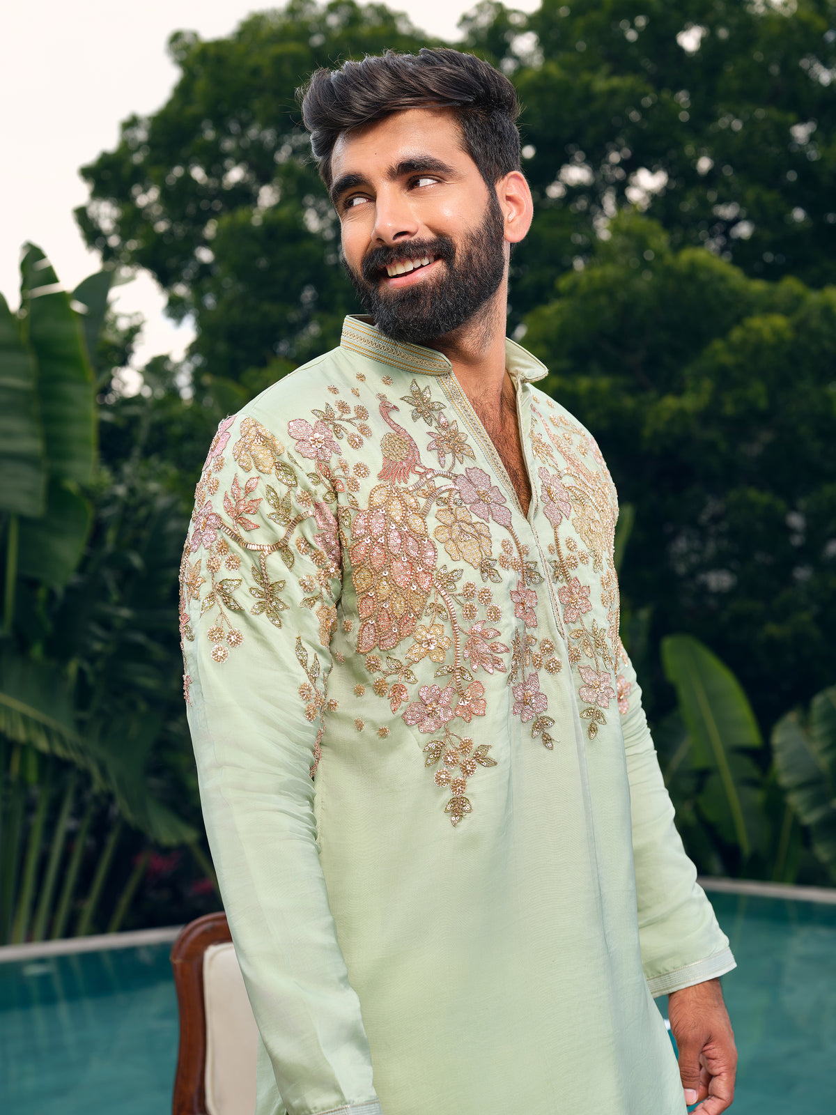 Mint Poly Georgette Short Kurta Set with Bead Work