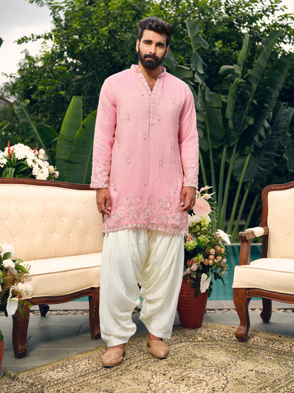 Pearl Pink Georgette Short Kurta Set with Bead Work