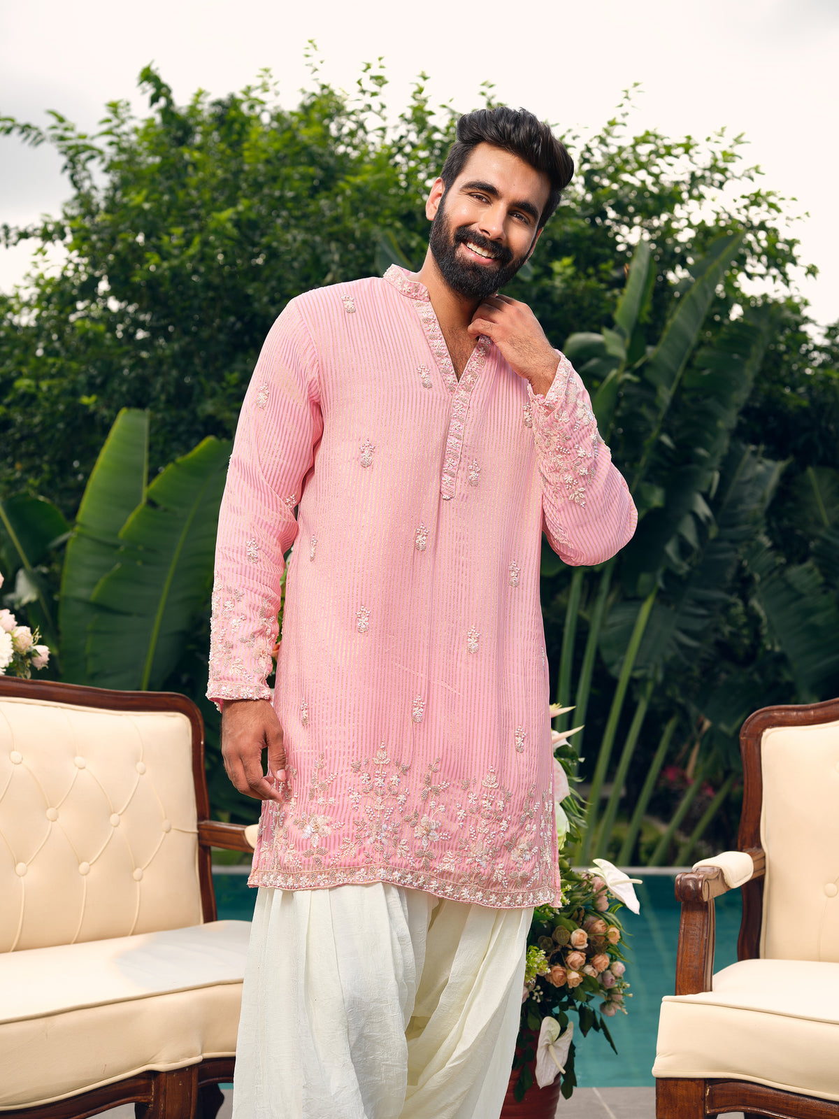 Pearl Pink Georgette Short Kurta Set with Bead Work