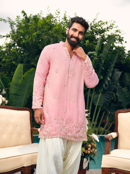 Pearl Pink Georgette Short Kurta Set with Bead Work